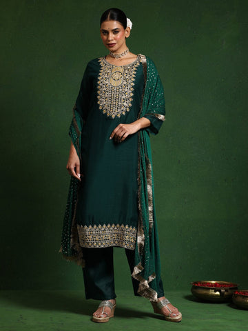Varanga Women Zari & Sequin Embroidered Kurta With Trouser & Chiffon Dupatta